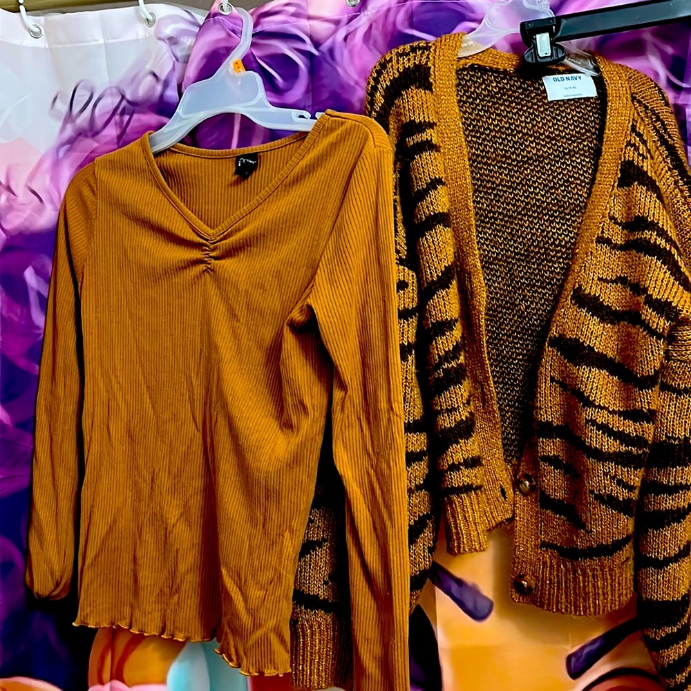 Girls cardigan and long sleeve shirt, gently worked. 14/16.